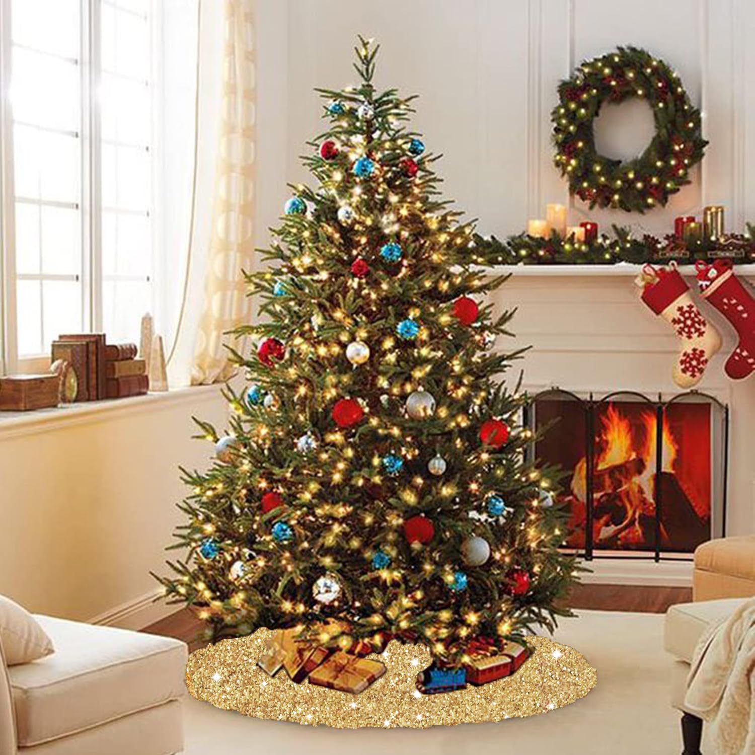 Foto 8 pulgar | Falda Para Árbol De Navidad Fanproms Con Lentejuelas Doradas De 90 Cm De Diámetro - Venta Internacional.