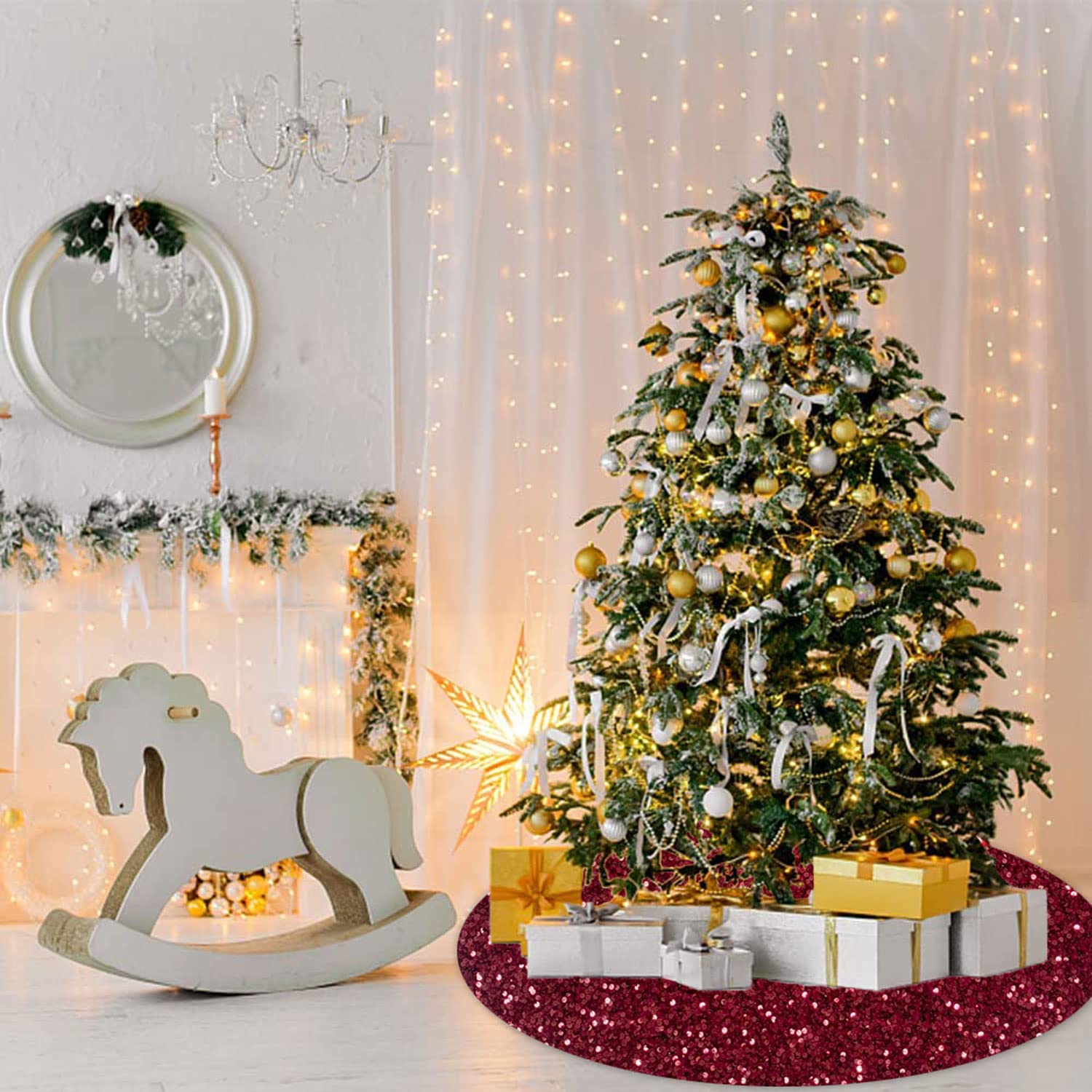 Foto 3 pulgar | Falda Para Árbol De Navidad Fuhsy, Granate, 117 Cm, Terciopelo Con Lentejuelas - Venta Internacional.