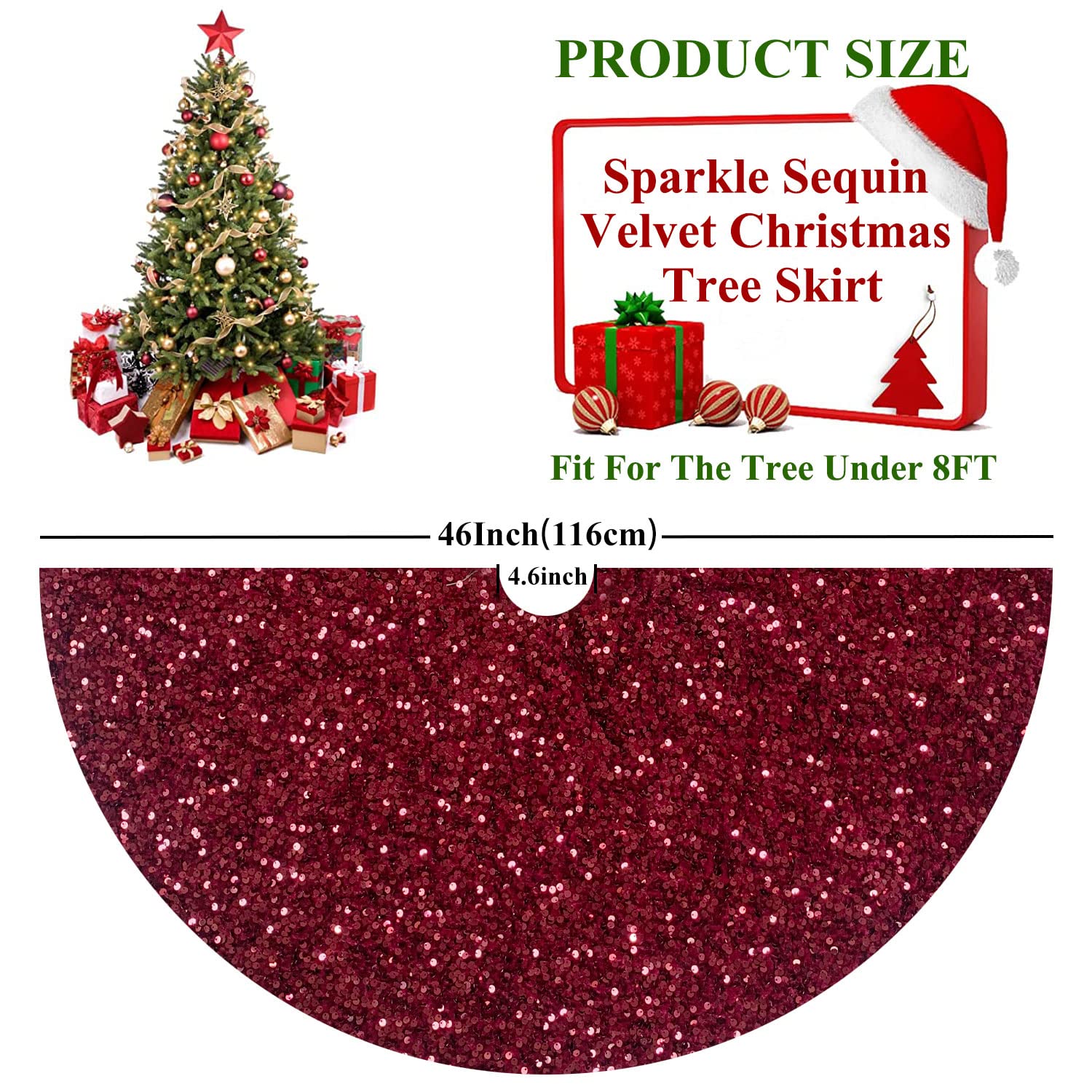 Foto 4 pulgar | Falda Para Árbol De Navidad Fuhsy, Granate, 117 Cm, Terciopelo Con Lentejuelas - Venta Internacional.