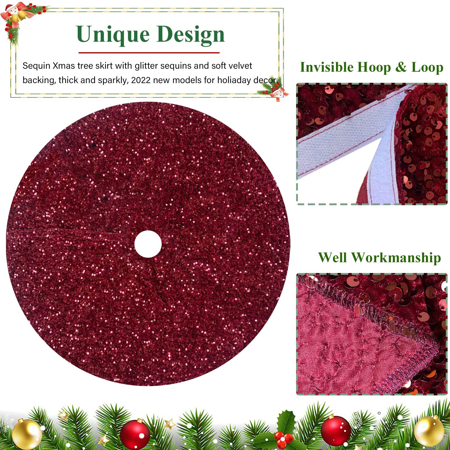 Foto 5 pulgar | Falda Para Árbol De Navidad Fuhsy, Granate, 117 Cm, Terciopelo Con Lentejuelas - Venta Internacional.