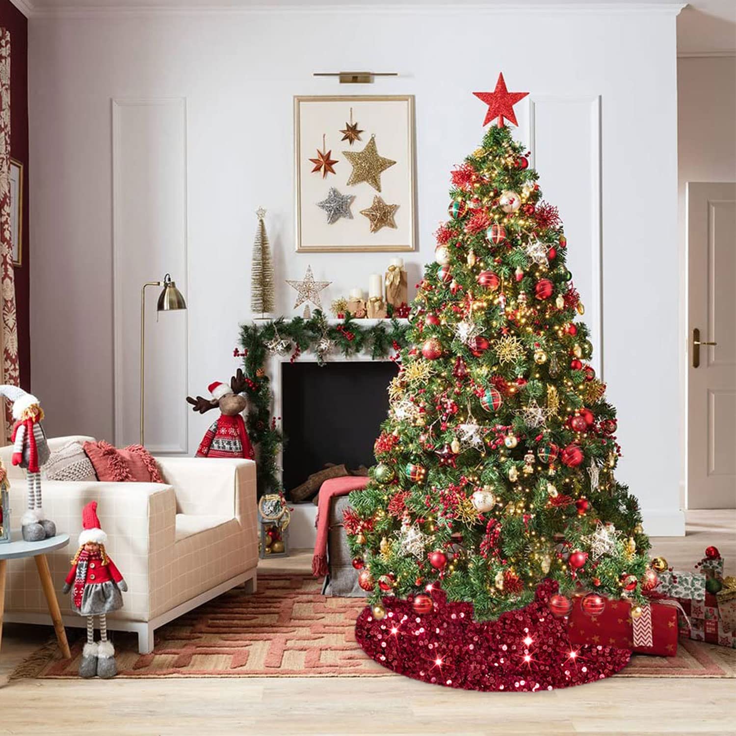 Foto 5 pulgar | Falda Para Árbol De Navidad Modfuns, Lentejuelas Burdeos, 53 Cm De Diámetro - Venta Internacional.