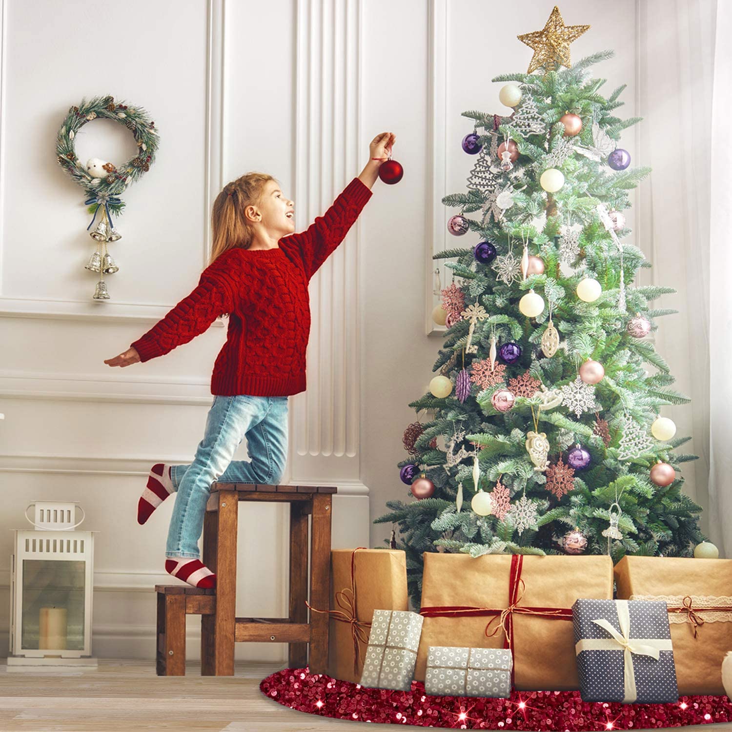 Foto 5 | Falda Para Árbol De Navidad Modfuns, Lentejuelas Burdeos, 53 Cm De Diámetro - Venta Internacional.