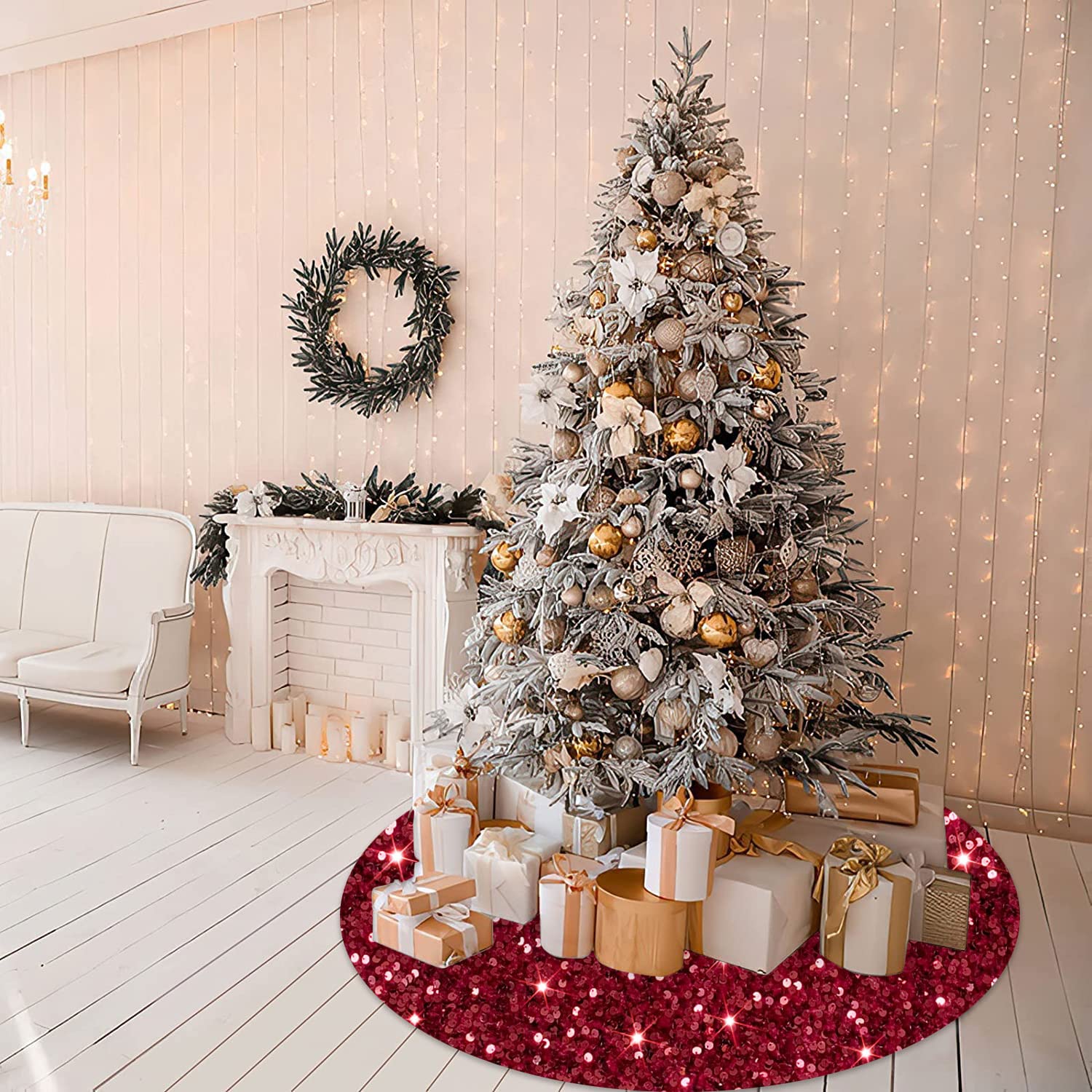 Foto 7 pulgar | Falda Para Árbol De Navidad Modfuns, Lentejuelas Burdeos, 53 Cm De Diámetro - Venta Internacional.