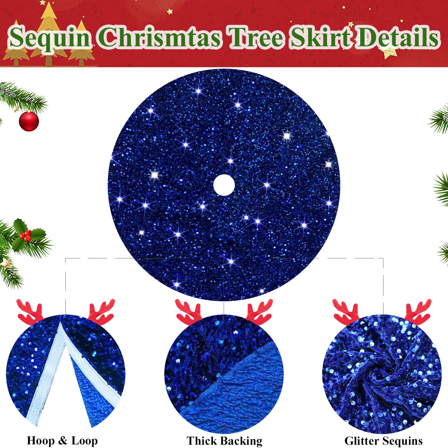 Foto 4 pulgar | Falda Para Árbol De Navidad Modfuns, Lentejuelas Azules, 53 Cm De Diámetro - Venta Internacional.