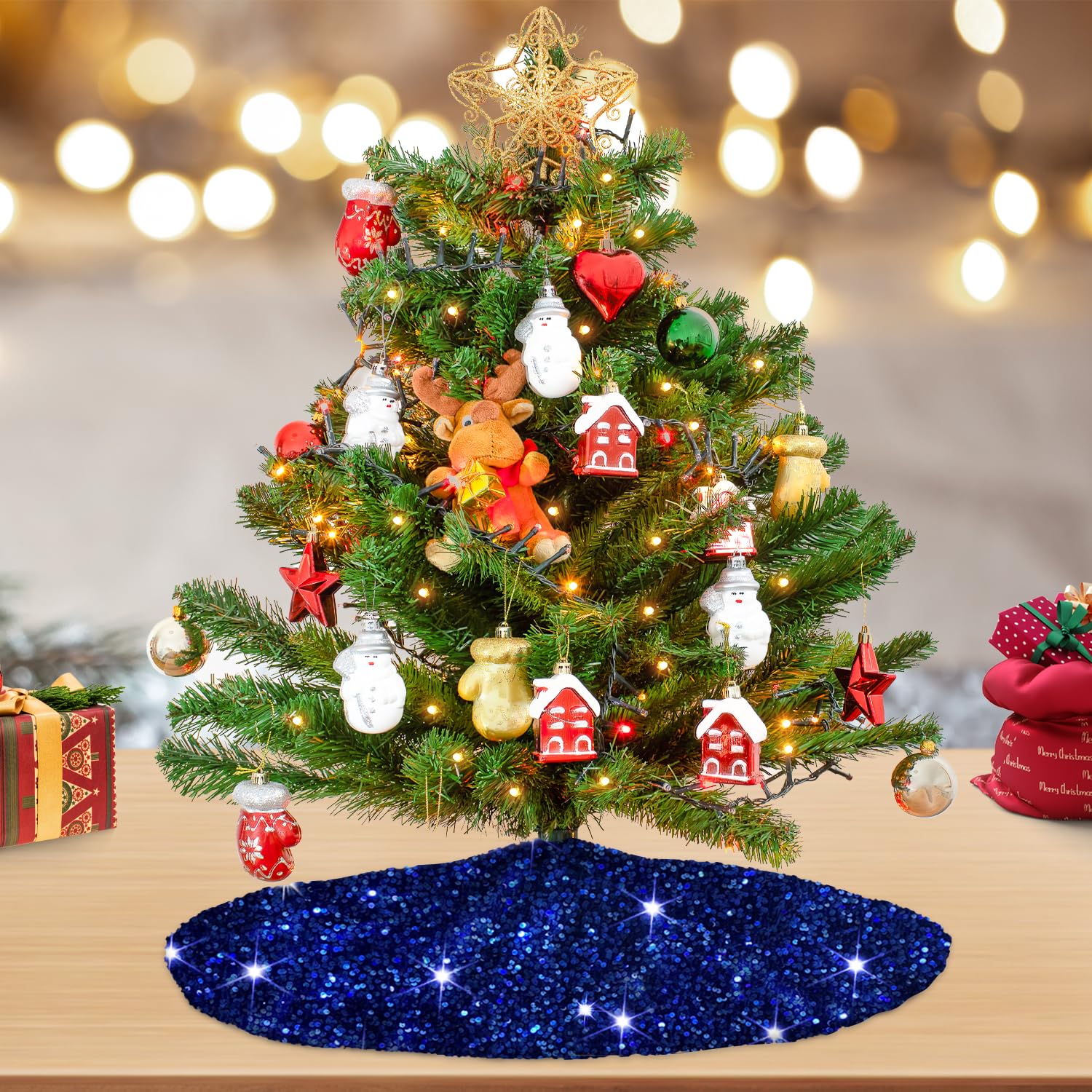 Foto 5 pulgar | Falda Para Árbol De Navidad Modfuns, Lentejuelas Azules, 53 Cm De Diámetro - Venta Internacional.