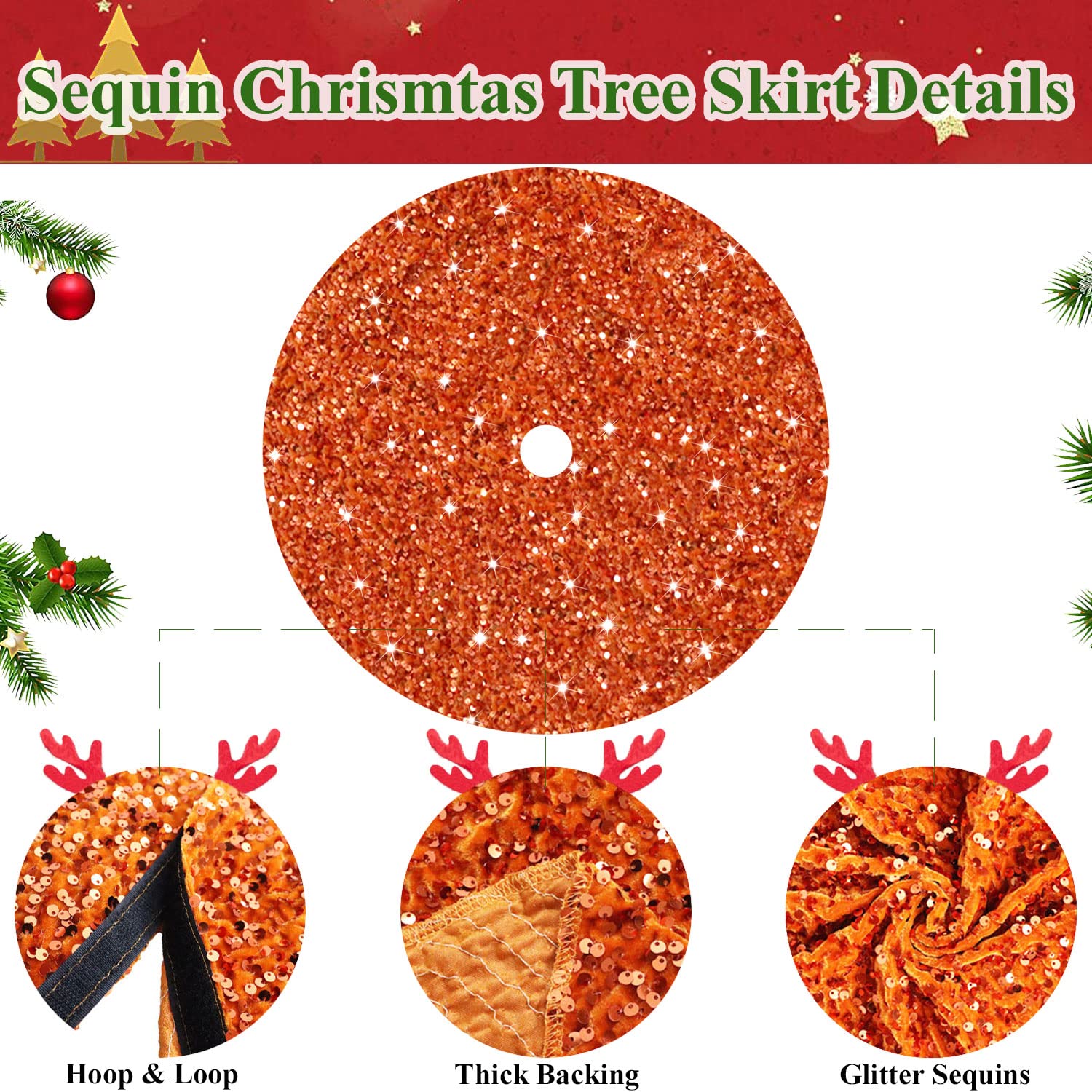 Foto 4 pulgar | Falda Para Árbol De Navidad Modfuns, Lentejuelas, Color Naranja Quemado, 90 Cm - Venta Internacional.