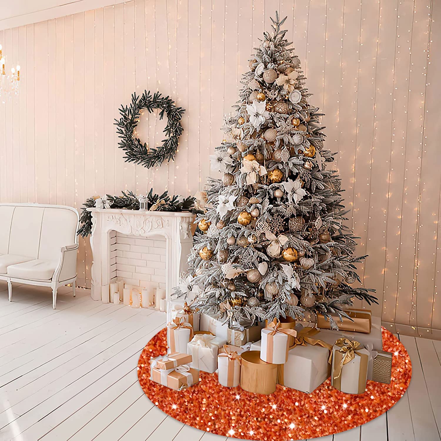 Foto 5 pulgar | Falda Para Árbol De Navidad Modfuns, Lentejuelas, Color Naranja Quemado, 90 Cm - Venta Internacional.