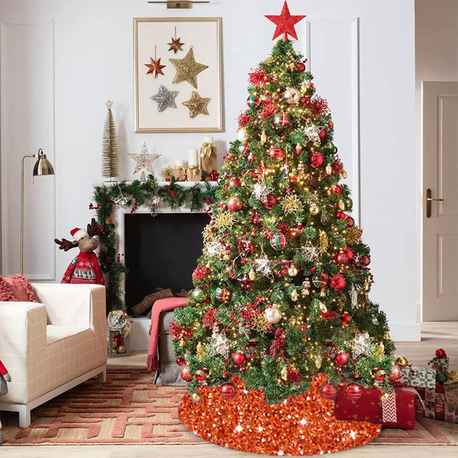 Foto 5 | Falda Para Árbol De Navidad Modfuns, Lentejuelas, Color Naranja Quemado, 90 Cm - Venta Internacional.