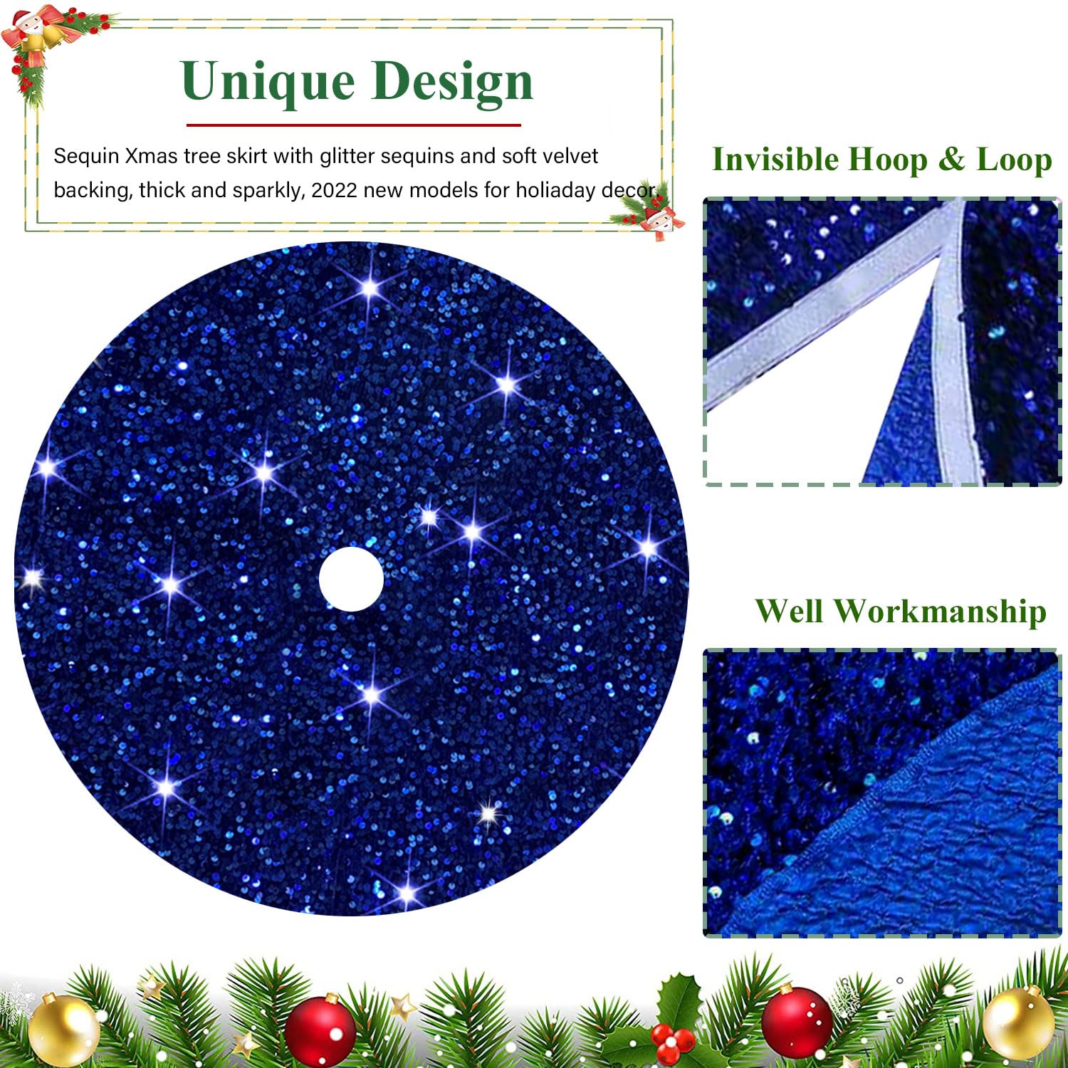 Foto 5 pulgar | Falda De Árbol De Navidad Fuhsy Metalizada De 91 Cm Con Lentejuelas Azul Real - Venta Internacional.