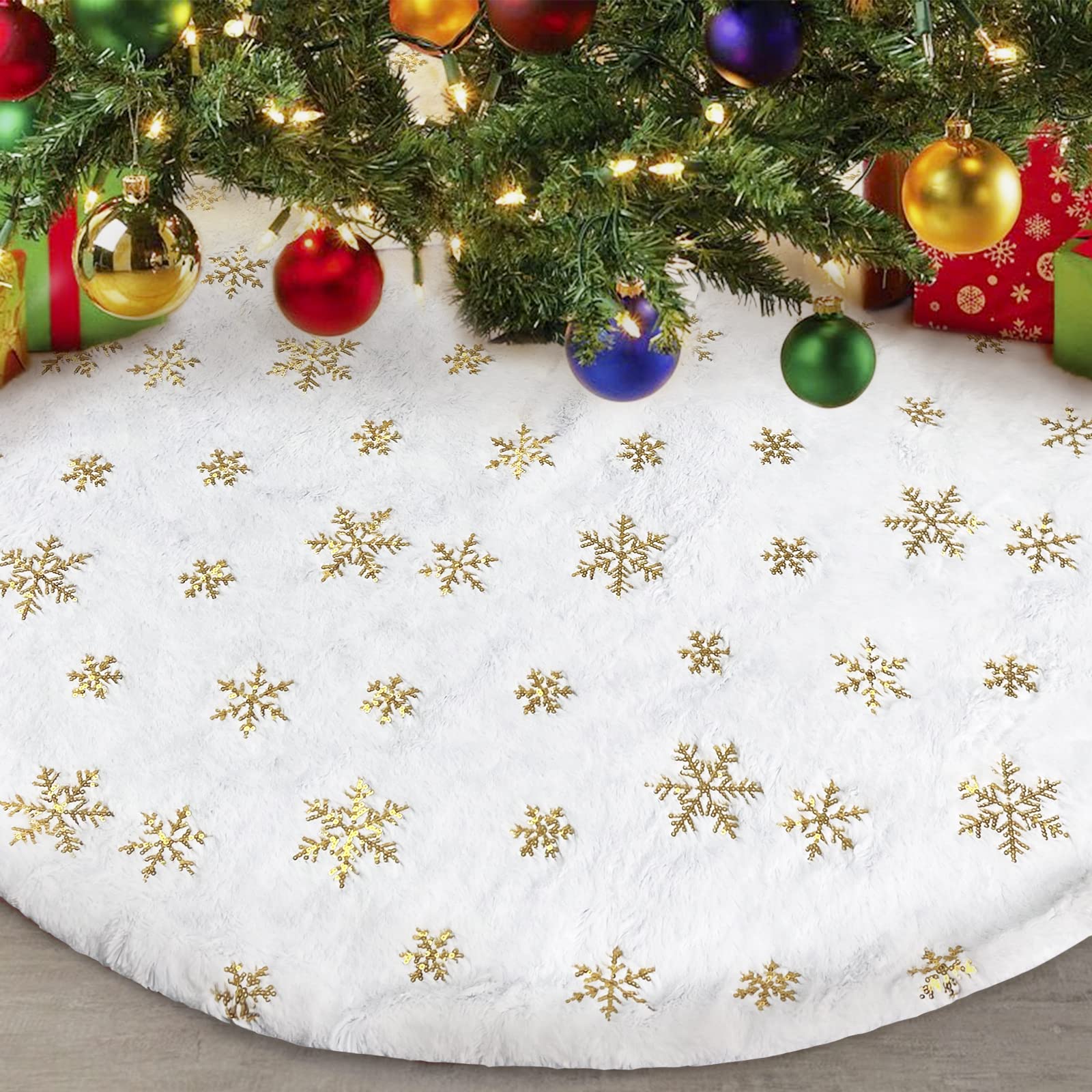 Foto 2 pulgar | Falda Para Árbol De Navidad Aerwo, Piel Sintética, Diseño De Copo De Nieve Dorado, 90 Cm - Venta Internacional.