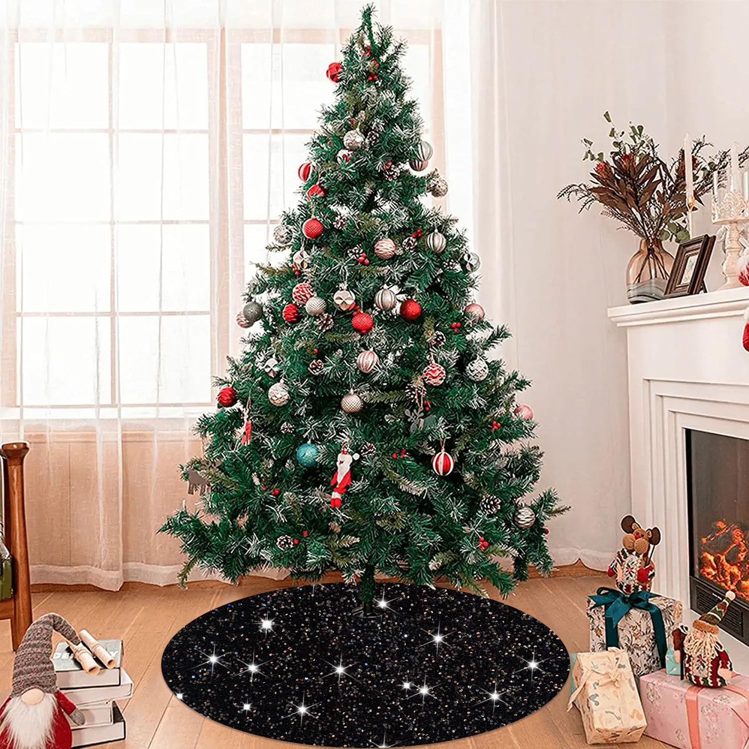 Foto 7 pulgar | Falda De Árbol De Navidad Modfuns Con Lentejuelas Decoradas En Negro, 53 Cm - Venta Internacional.