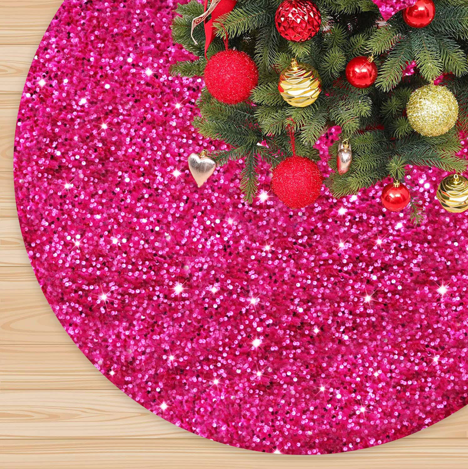 Foto 1 | Falda Para Árbol De Navidad Fanproms Con Lentejuelas Brillantes Rosa Intenso, 46 Cm - Venta Internacional.