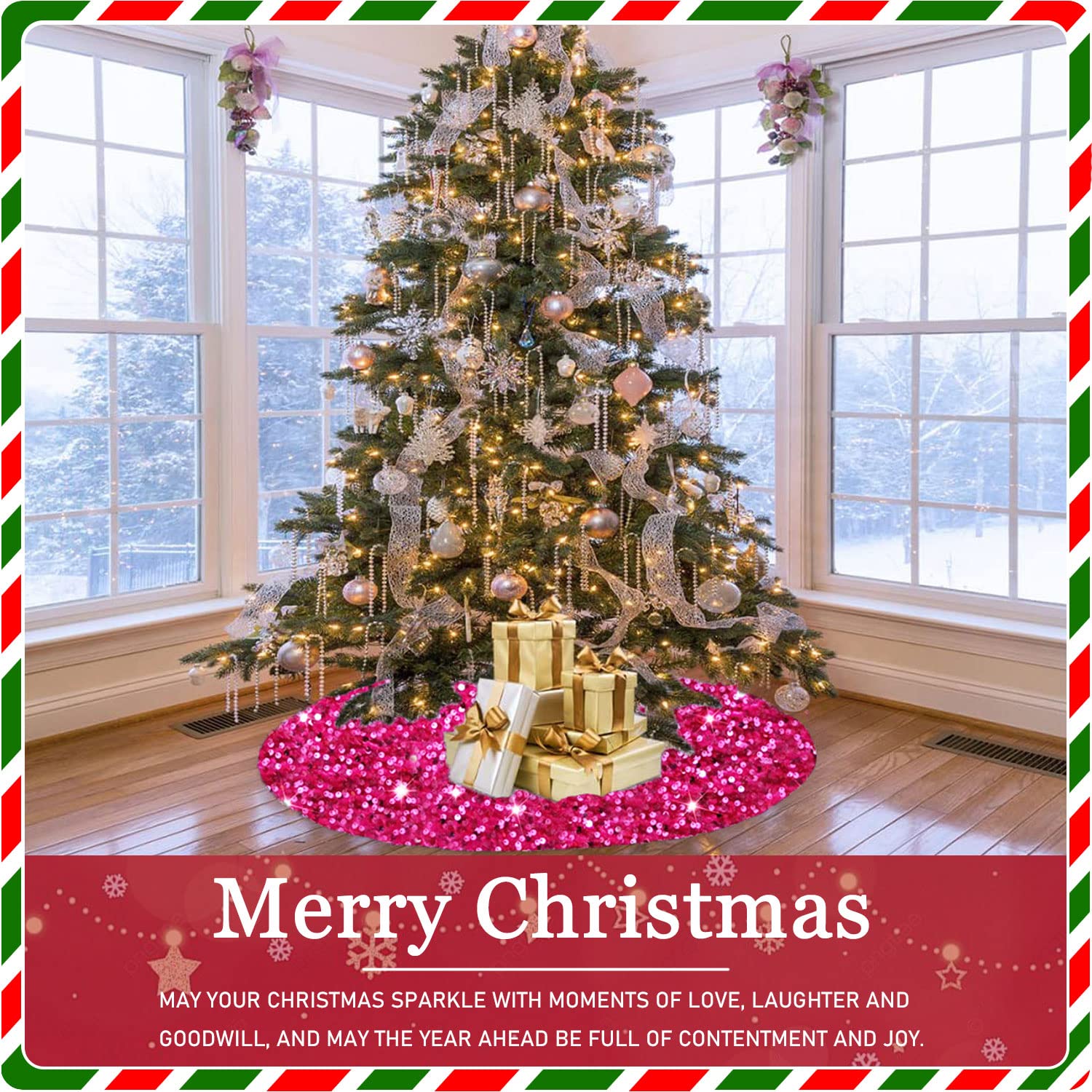 Foto 7 pulgar | Falda Para Árbol De Navidad Fanproms Con Lentejuelas Brillantes Rosa Intenso, 46 Cm - Venta Internacional.