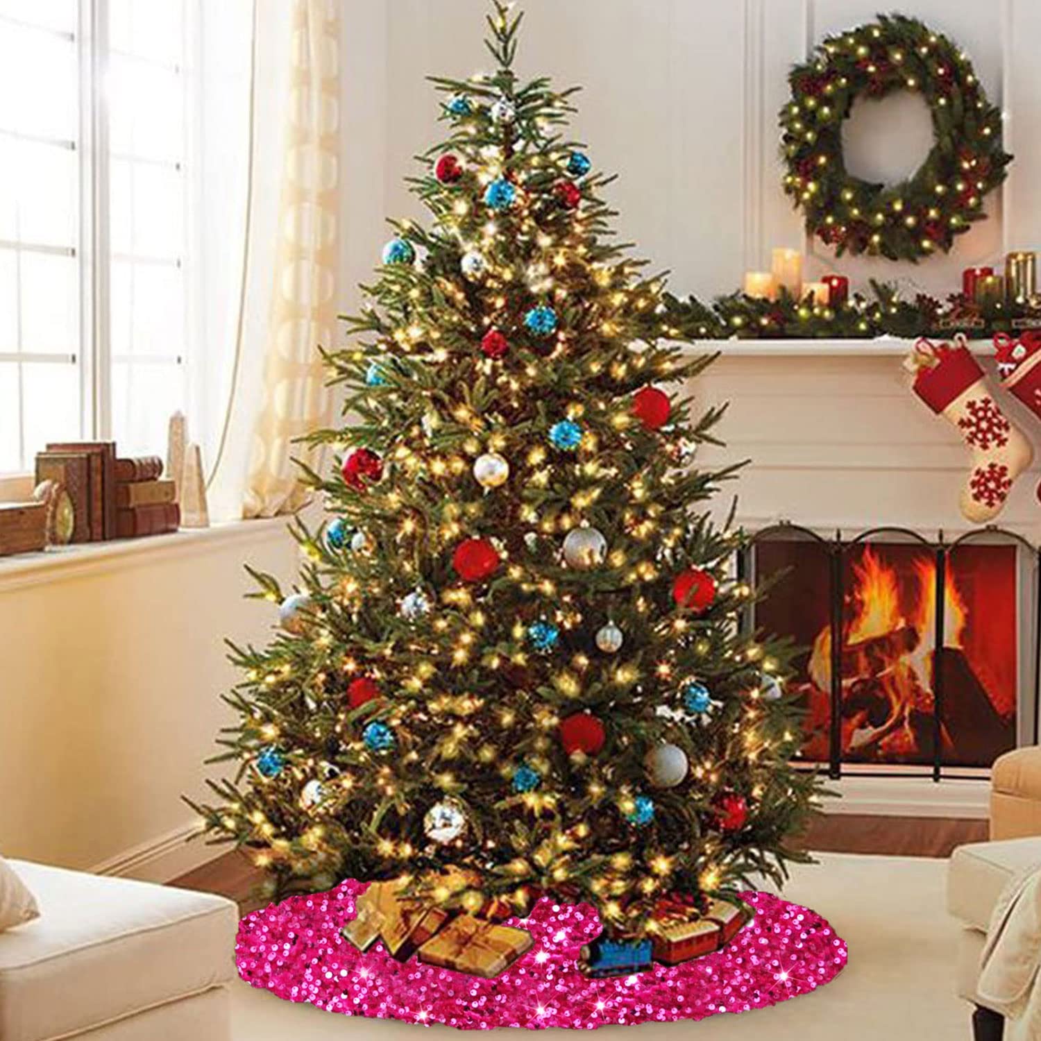 Foto 8 pulgar | Falda Para Árbol De Navidad Fanproms Con Lentejuelas Brillantes Rosa Intenso, 46 Cm - Venta Internacional.