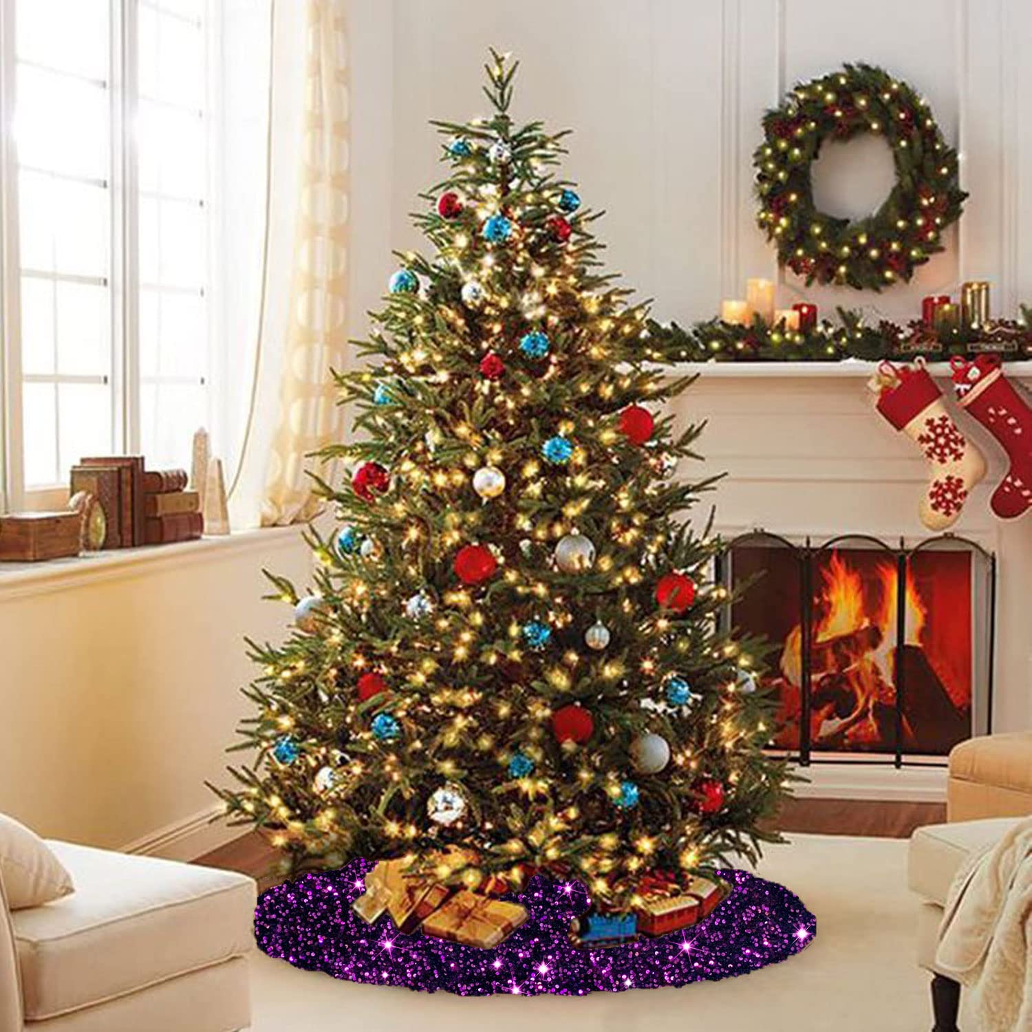 Foto 3 pulgar | Falda Para Árbol De Navidad Fanproms Con Purpurina De Lentejuelas Moradas, 53 Cm - Venta Internacional.