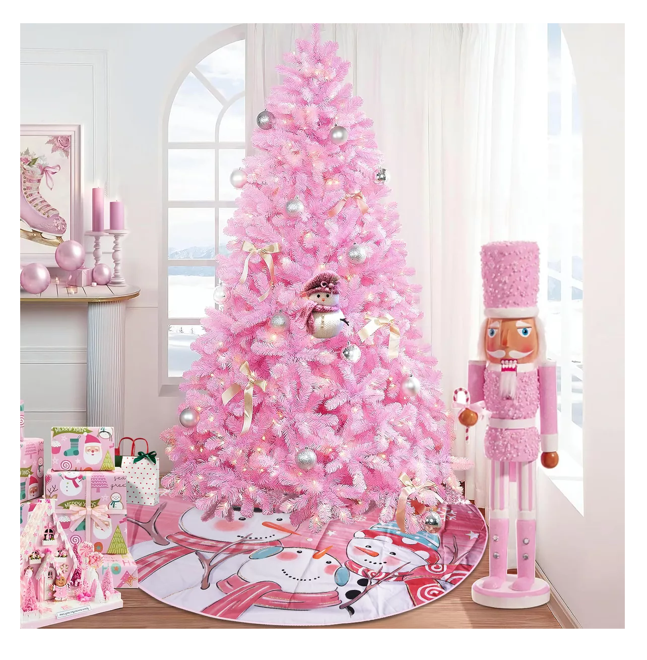 Foto 4 pulgar | Falda Para Árbol De Navidad Decoración Muñeco De Nieve 123 Cm, Rosa