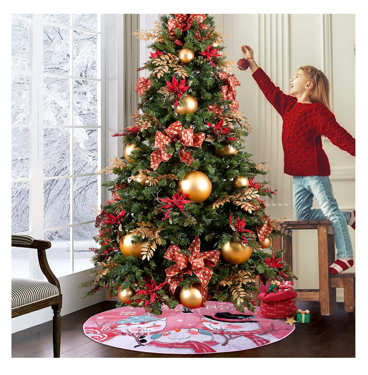 Foto 5 pulgar | Falda Para Árbol De Navidad Decoración Muñeco De Nieve 123 Cm, Rosa