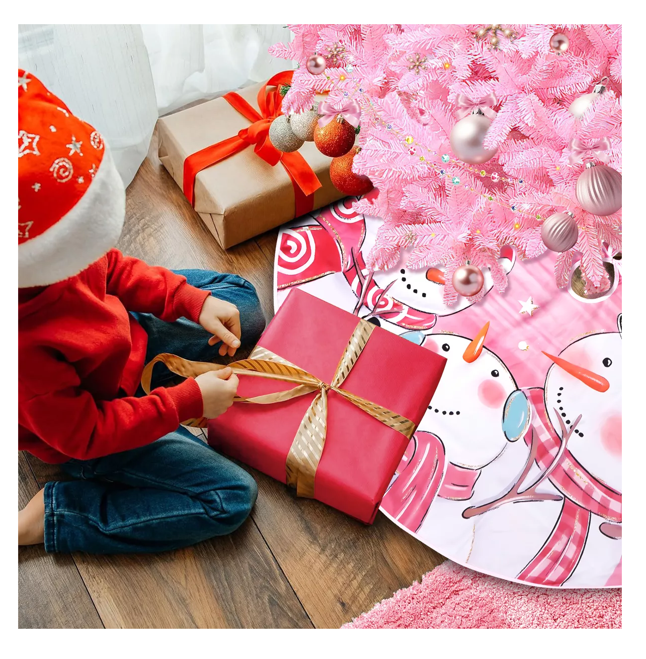 Foto 6 pulgar | Falda Para Árbol De Navidad Decoración Muñeco De Nieve 123 Cm, Rosa