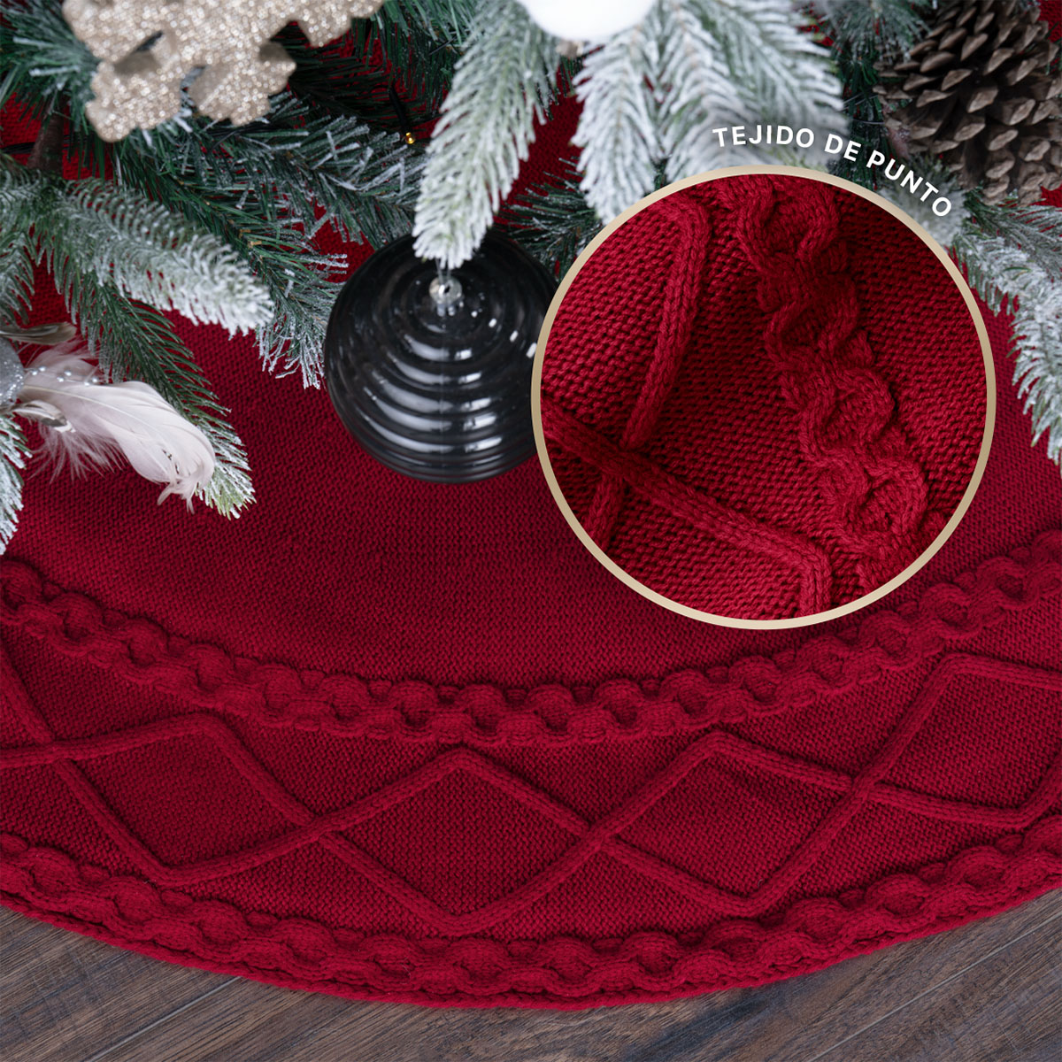 Foto 5 pulgar | Pie De Árbol De Navidad Esquimal Tejido Falda Pino Rojo Granate 122 Cm