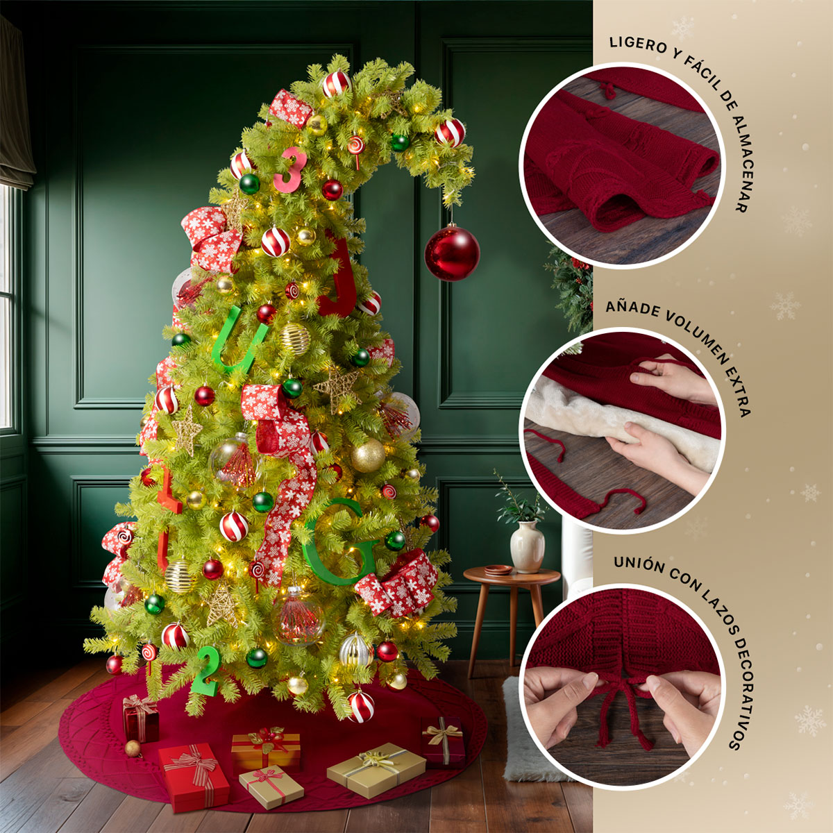 Foto 7 pulgar | Pie De Árbol De Navidad Esquimal Tejido Falda Pino Rojo Granate 122 Cm