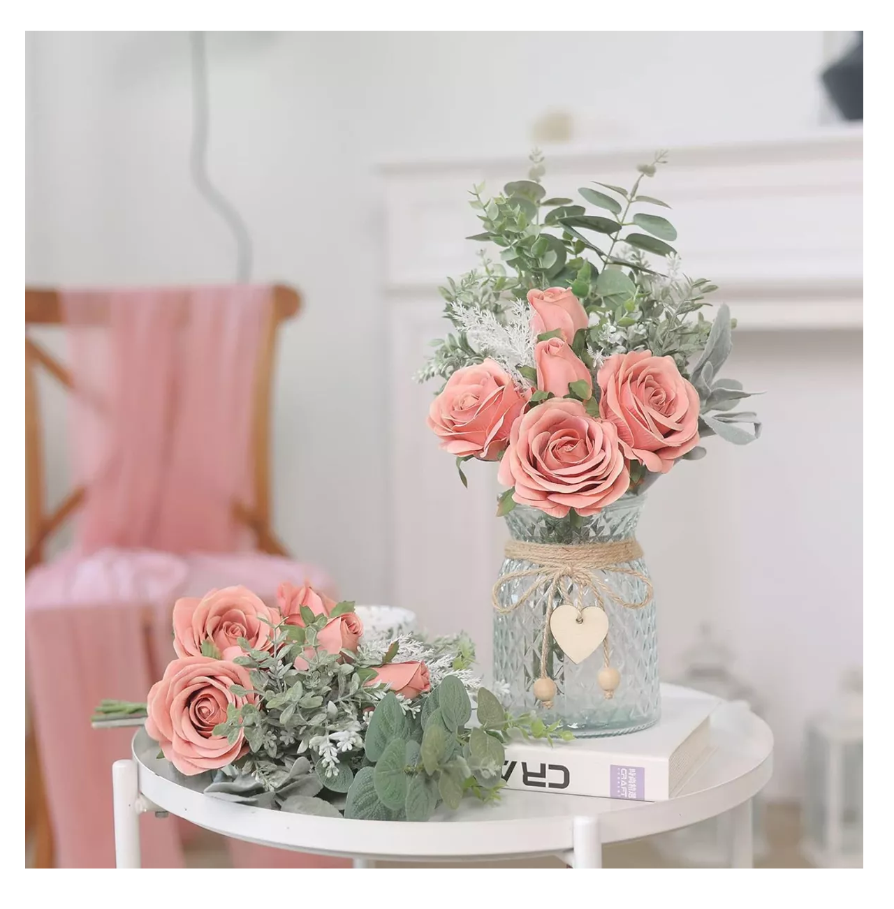 Foto 4 | Adorno de Mesa Peonias Ramo de Flor Artificial Coral + Florero Transparente