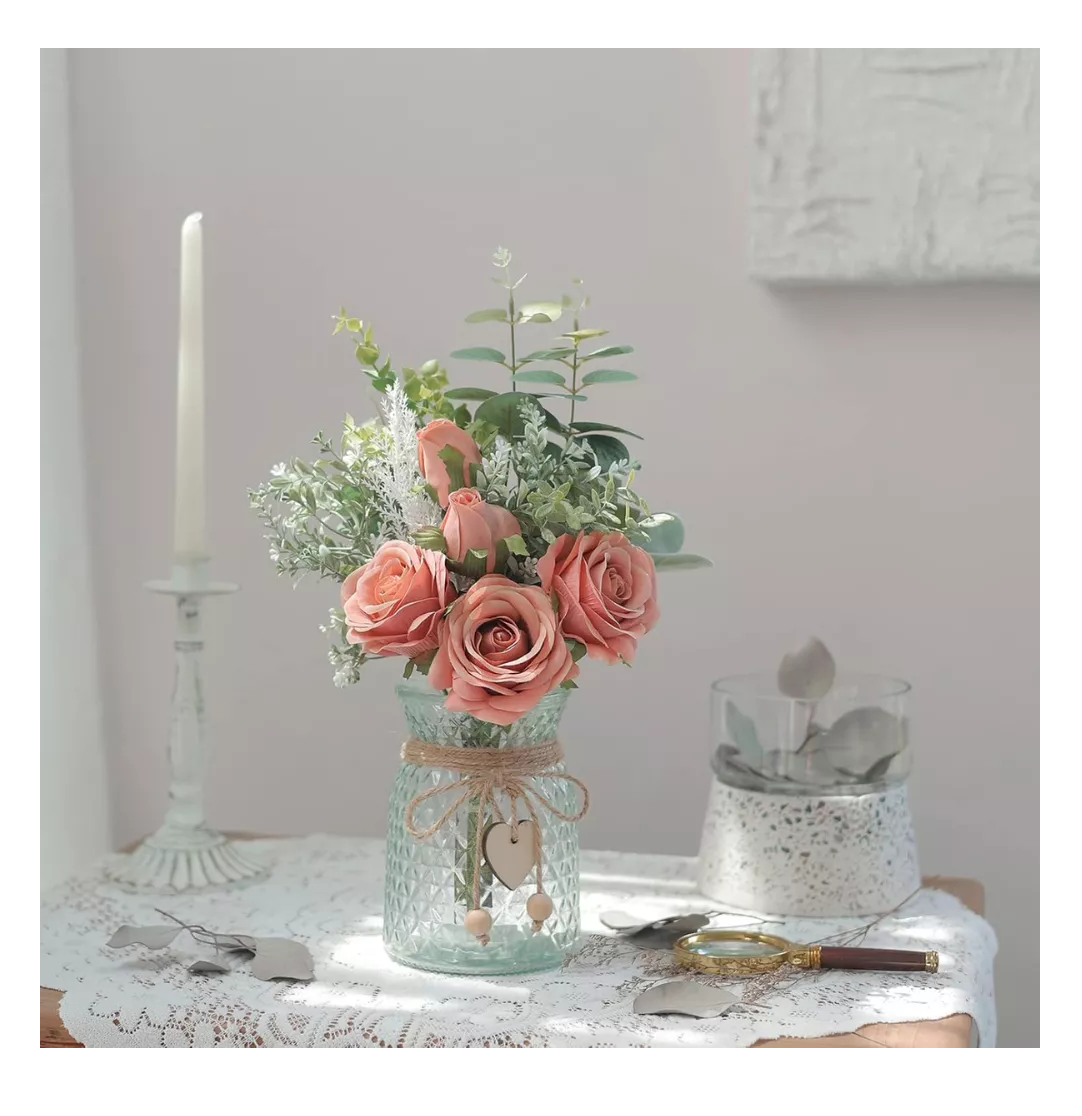 Foto 5 | Adorno de Mesa Peonias Ramo de Flor Artificial Coral + Florero Transparente