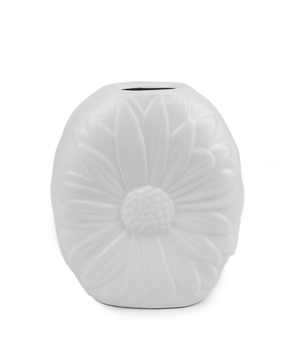Jarrón Blanco De Cerámica Con Flor Y Acabado Granulado
