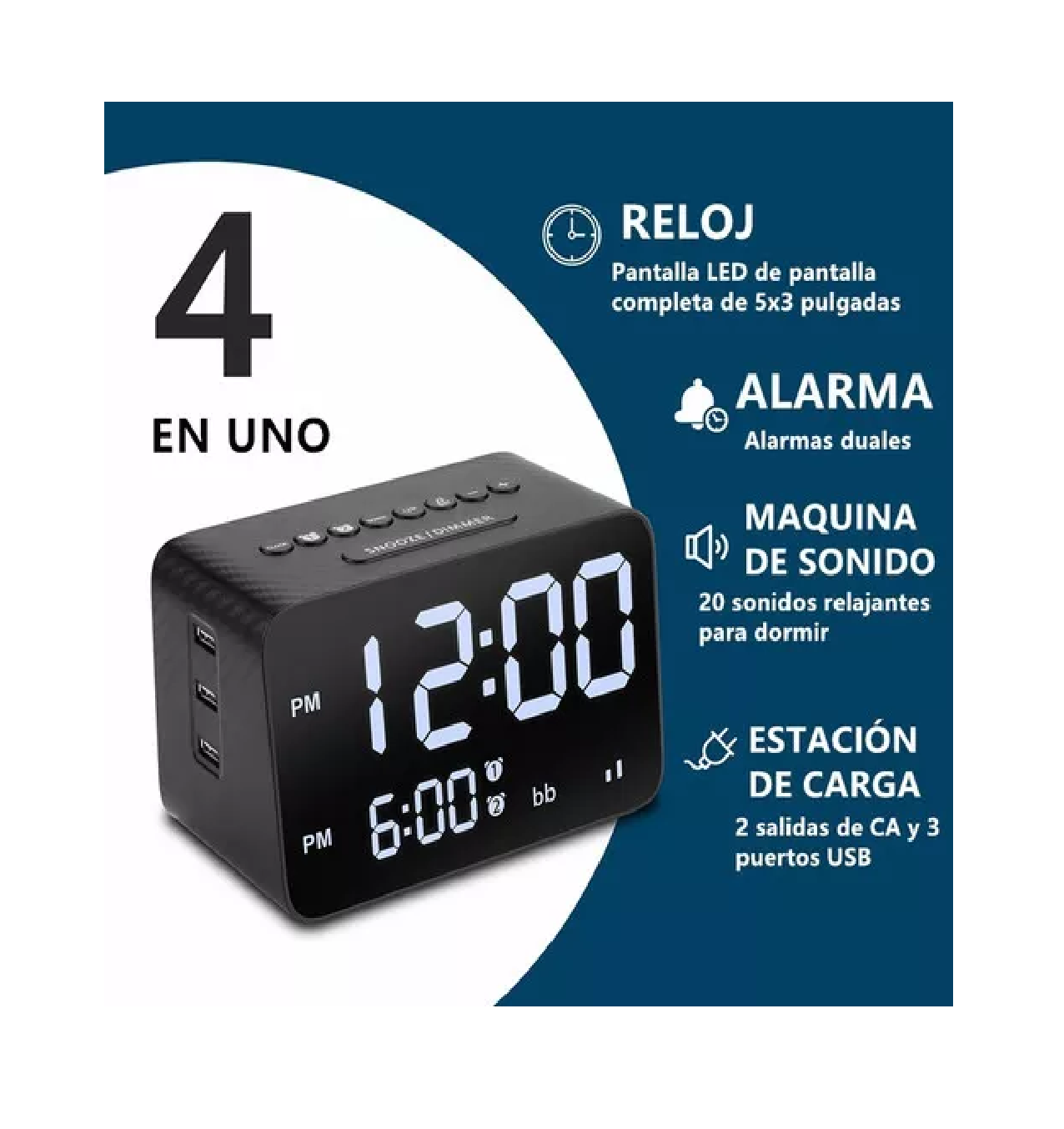 Foto 3 pulgar | Cargador de Reloj Despertador con Máquina de Ruido Belug Negro