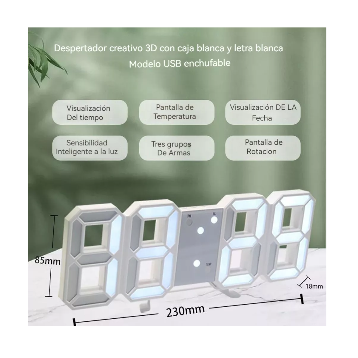 Foto 3 | Reloj De Pared De 3d Led Digital Alarma Usb Eo Safe Imports Esi-15575 Blanco