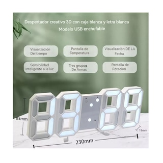 Foto 3 | Reloj De Pared De 3d Led Digital Alarma Usb Eo Safe Imports Esi-15575 Blanco