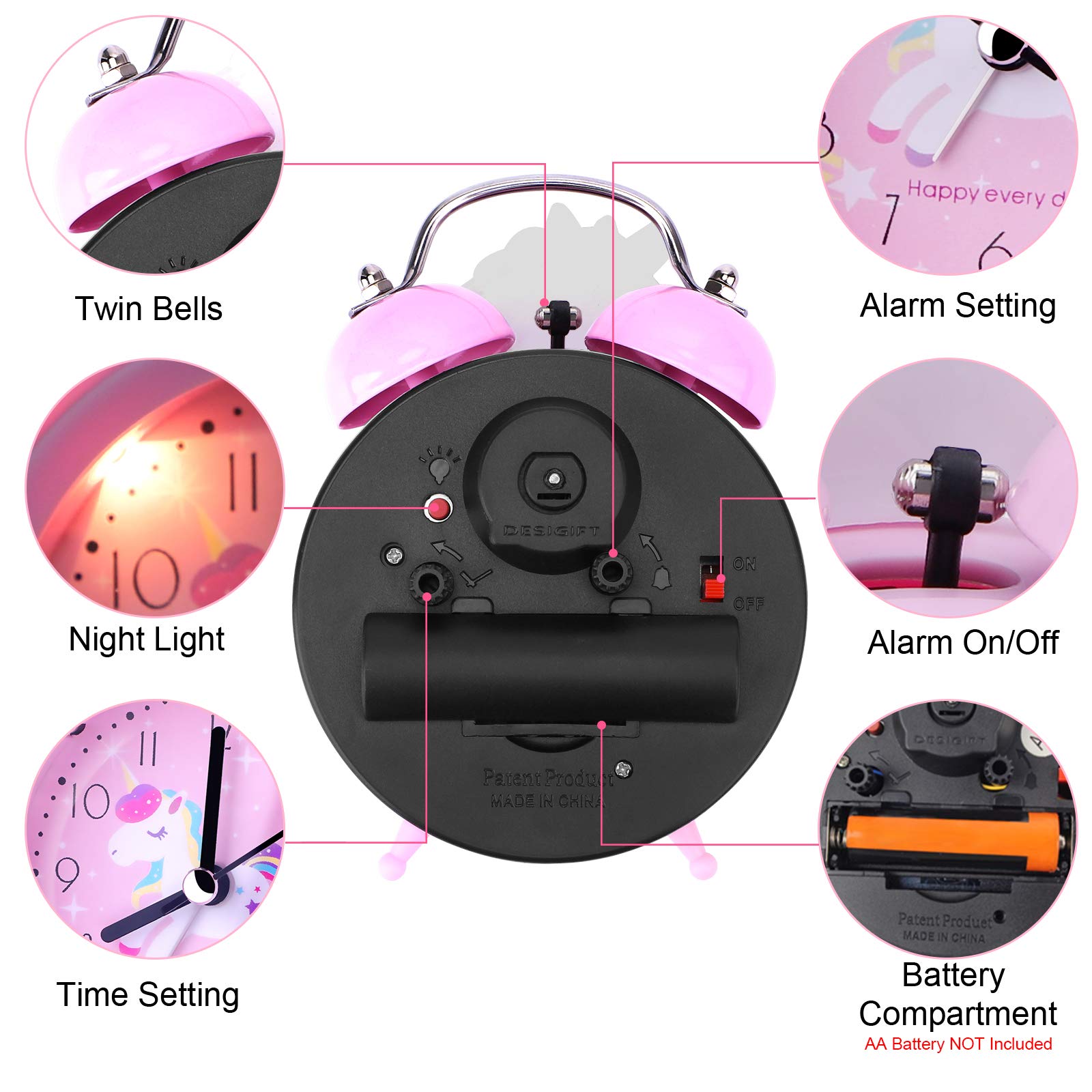 Foto 8 pulgar | Despertador Tcjj Unicorn Para Niñas Y Niños Con Luz De Fondo Rosa - Venta Internacional.