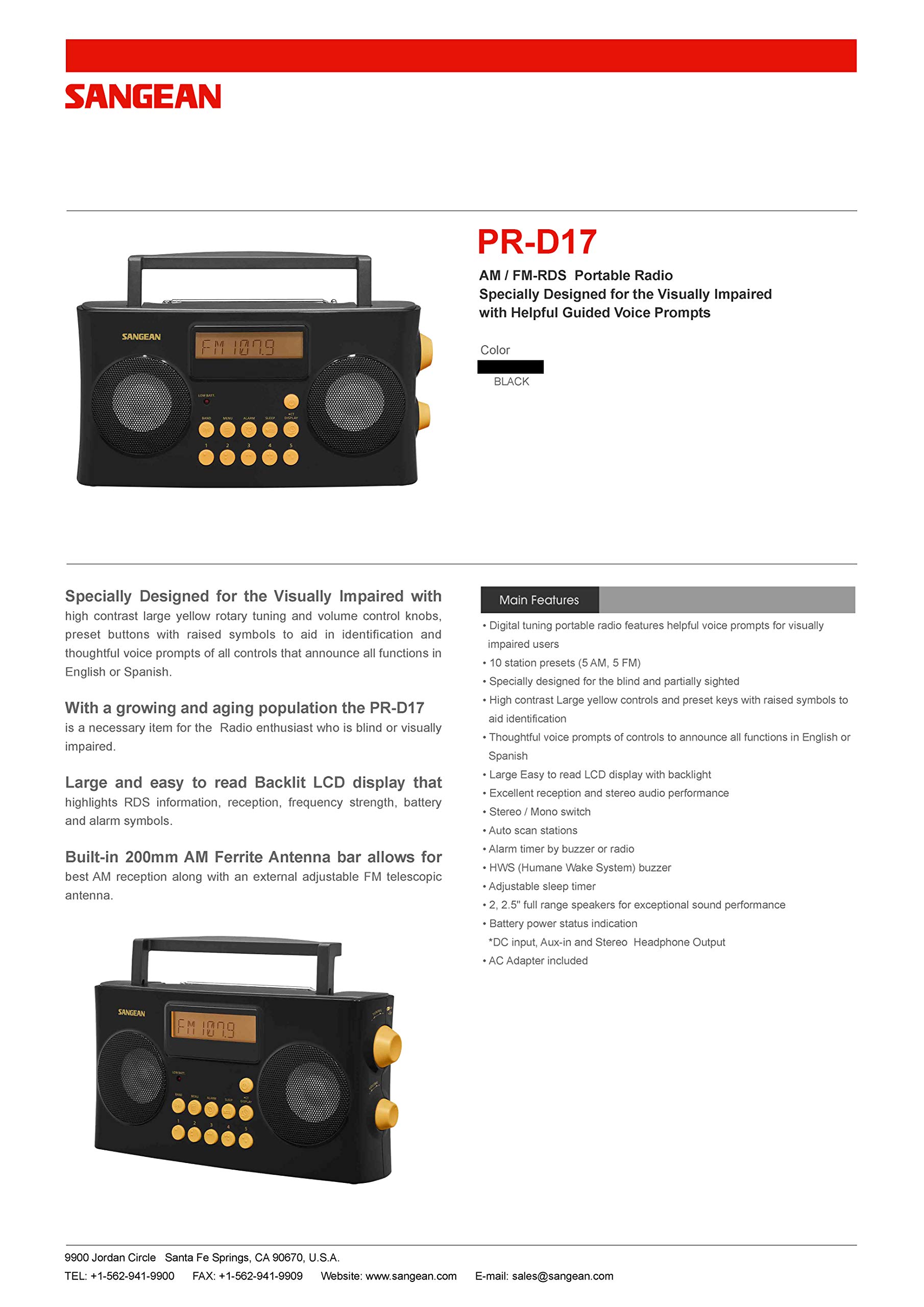 Foto 5 pulgar | Radio Portátil Sangean Pr-d17 Am/fm-rds Para Personas Con Discapacidad Visual - Venta Internacional.