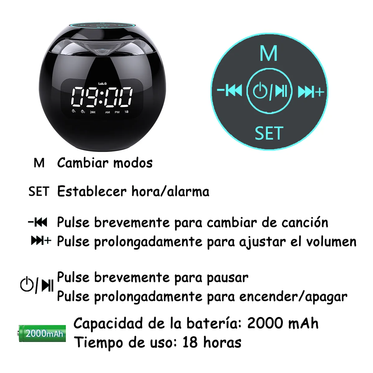 Foto 3 pulgar | Altavoz Bluetooth Portátil Con Reloj Digital Lab.g Negro