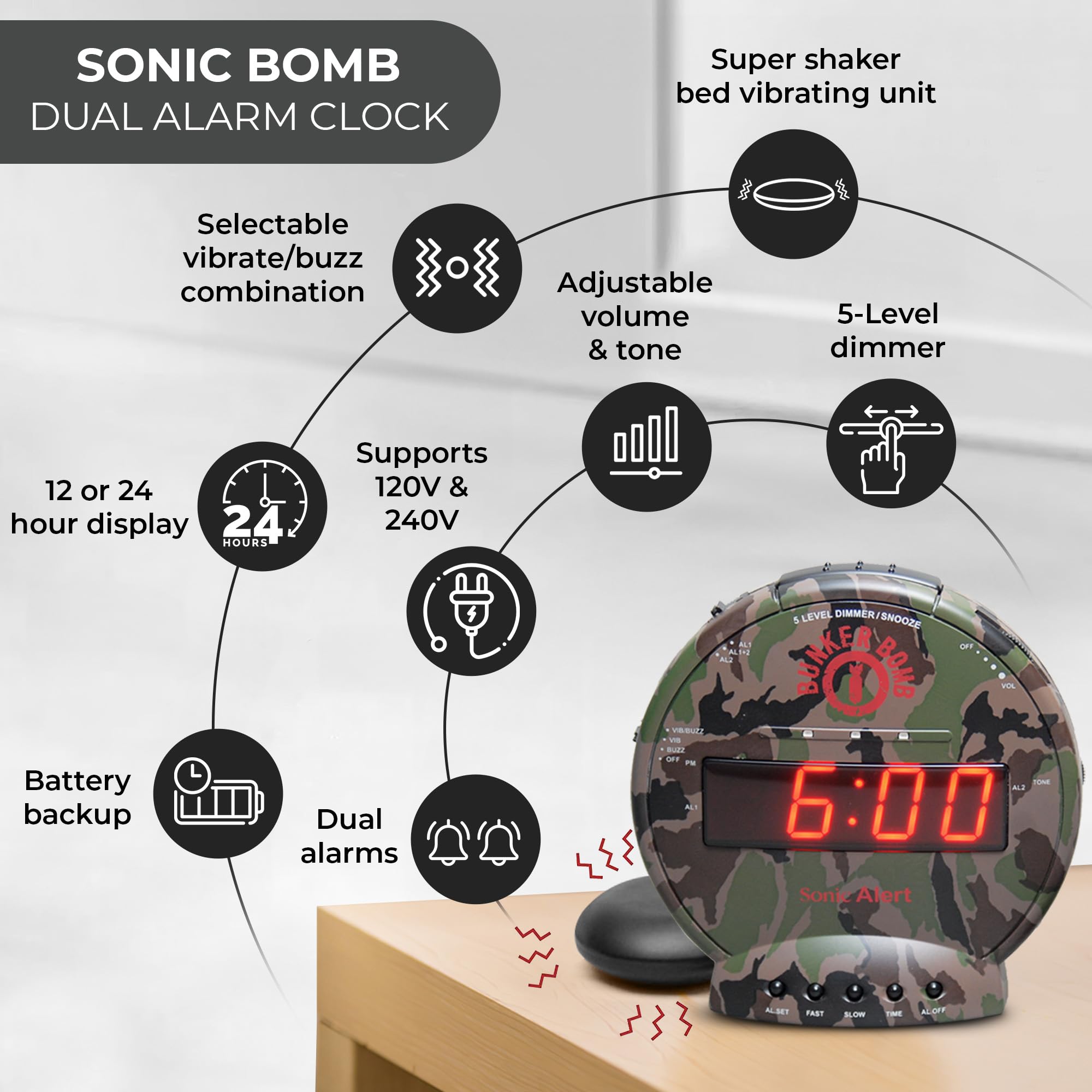 Foto 4 | Despertador Sonic Bomb Dual Con Bed Shaker Camouflage - Venta Internacional.