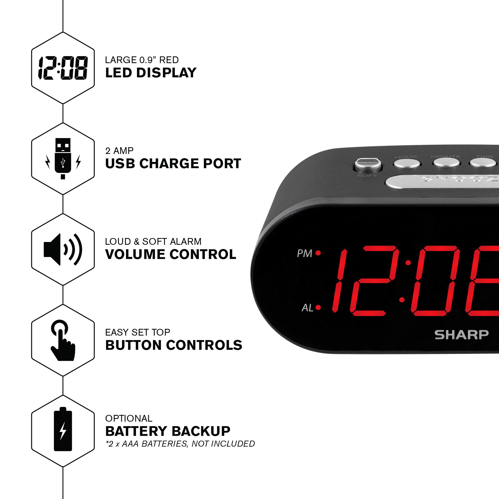 Foto 4 pulgar | Reloj Despertador Sharp Digital De Fácil Lectura Con Cargador Usb Negro - Venta Internacional.