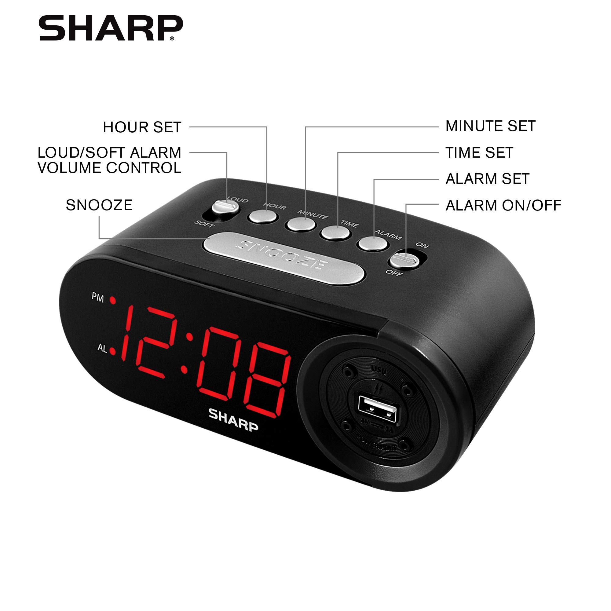 Foto 5 pulgar | Reloj Despertador Sharp Digital De Fácil Lectura Con Cargador Usb Negro - Venta Internacional.