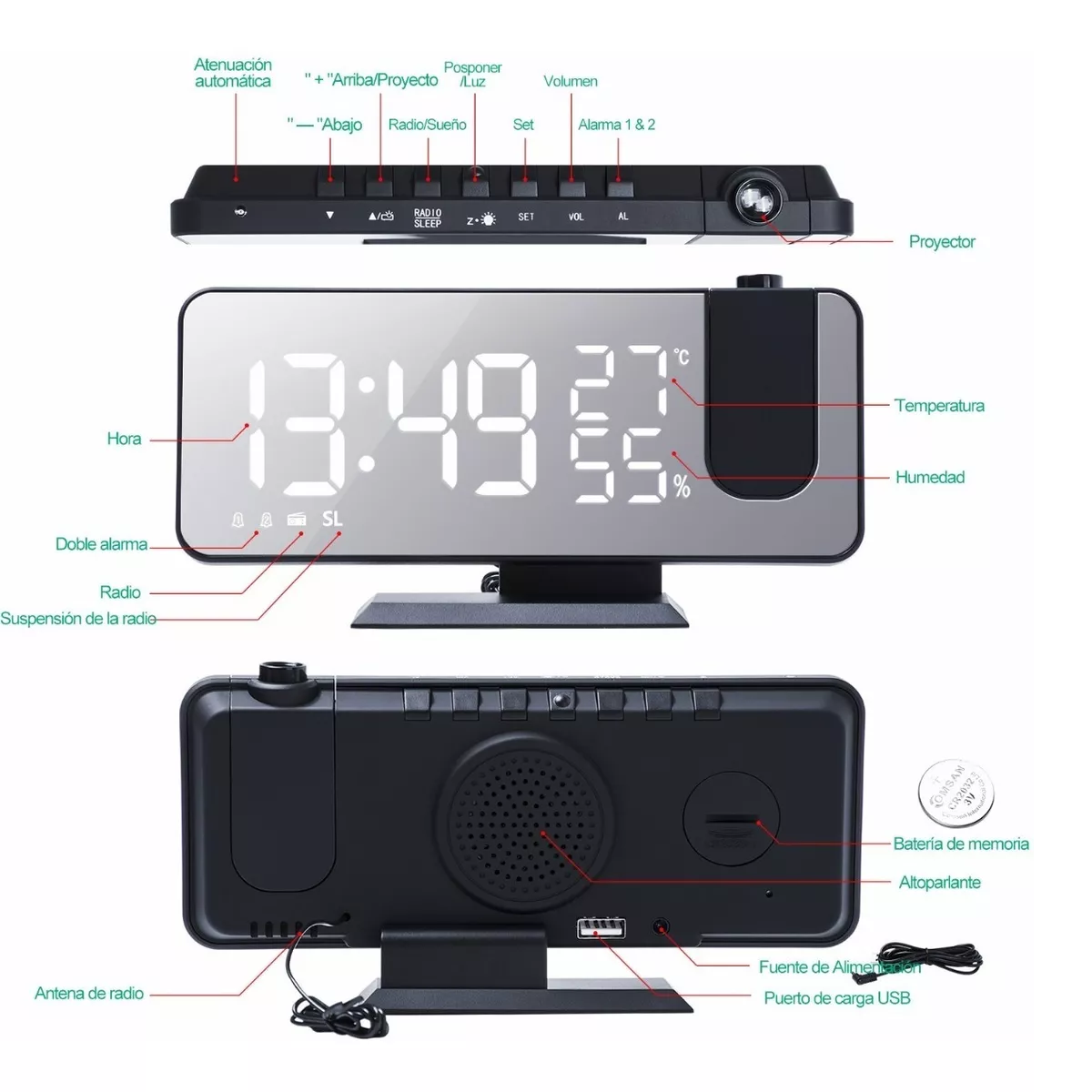 Foto 2 | Reloj Despertador con Proyector Led Eo Safe Imports Esi-10976 Negro