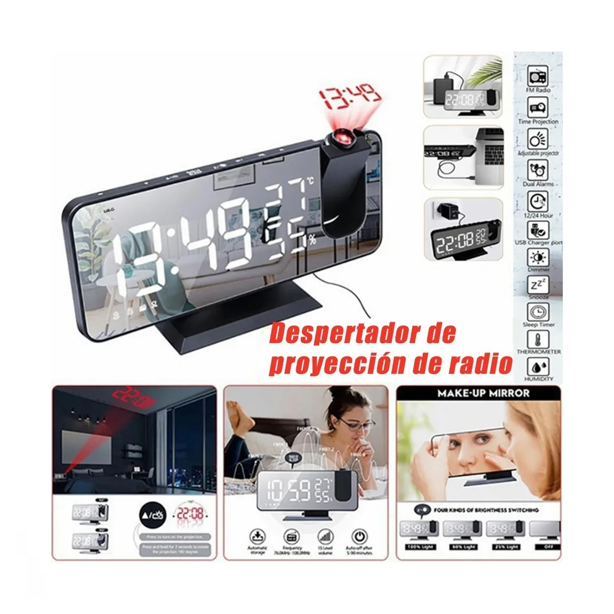 Foto 3 pulgar | Reloj Despertador Led Proyector Y Pantalla Grande Lab.g Negro