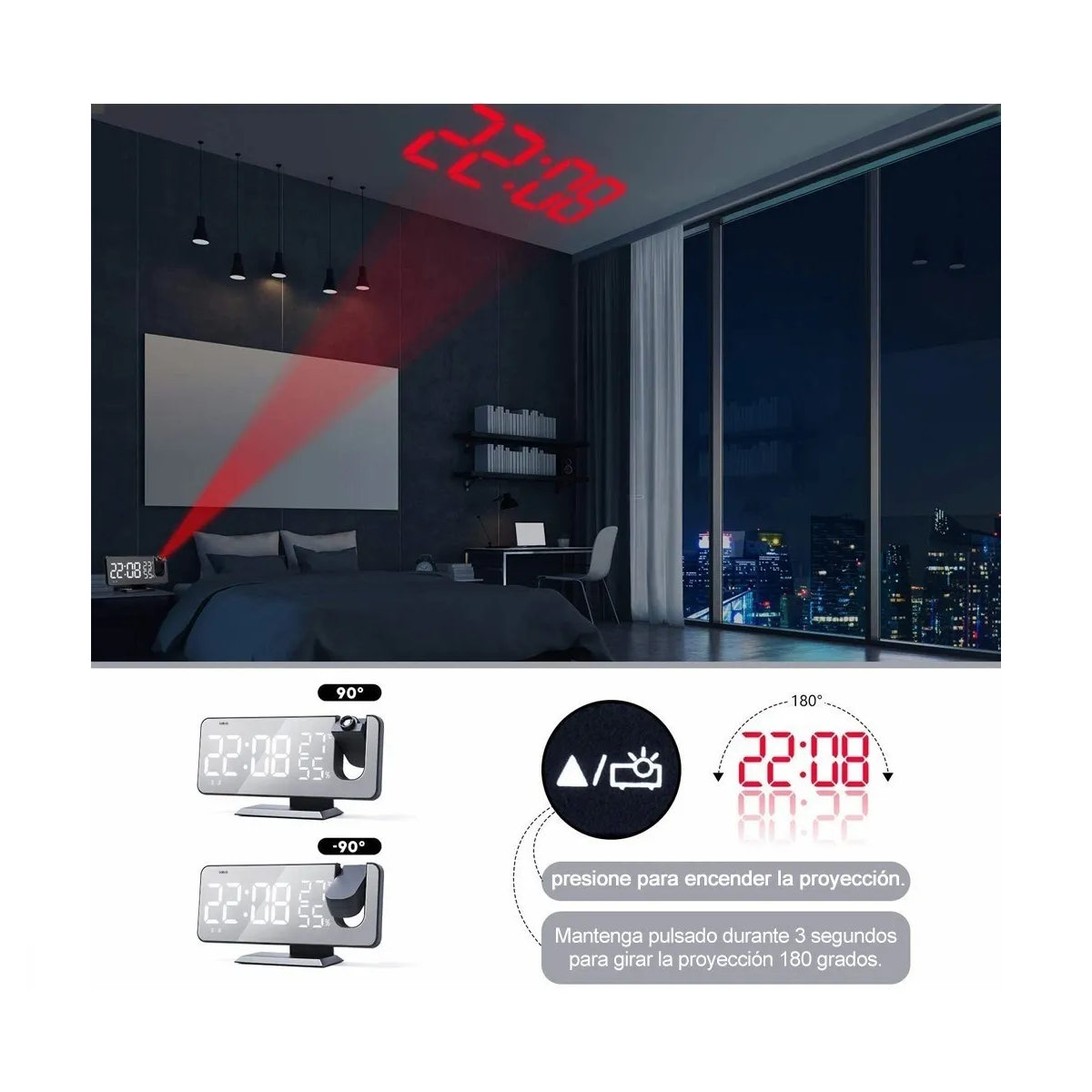 Foto 4 pulgar | Reloj Despertador Led Proyector Y Pantalla Grande Lab.g Negro