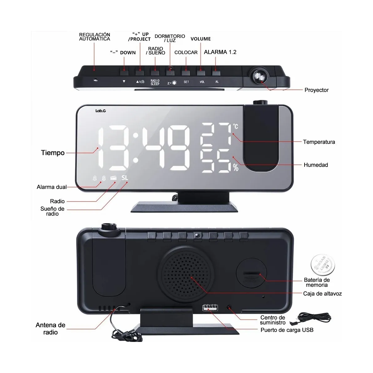Foto 5 | Reloj Despertador Led Proyector Y Pantalla Grande Lab.g Negro