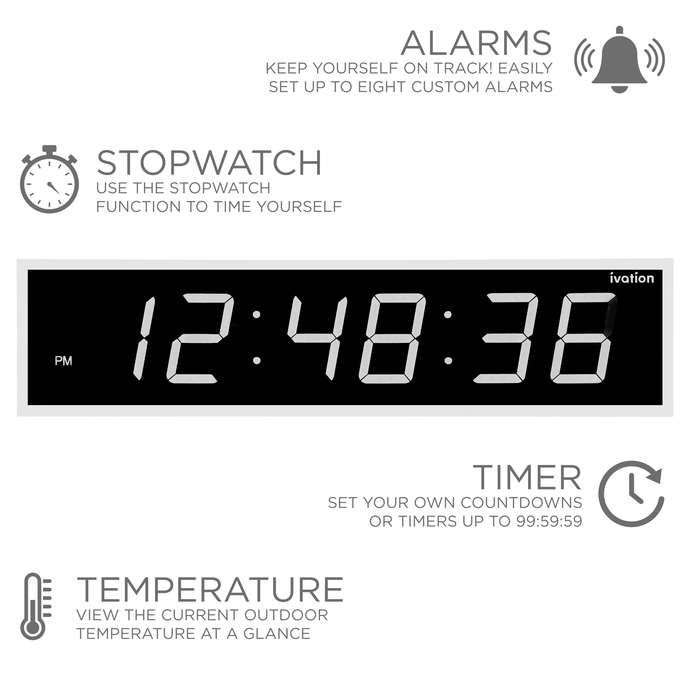 Foto 6 | Reloj Led Ivation Huge De 122 Cm Con Cronómetro Y Alarmas, Color Rojo - Venta Internacional.