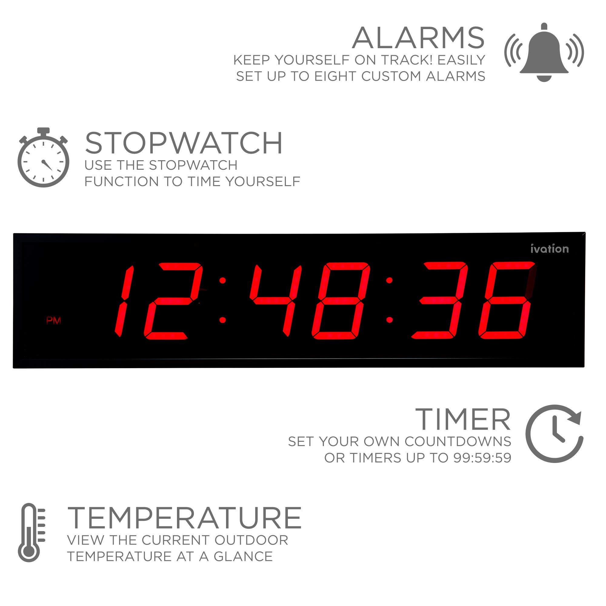 Foto 4 | Reloj Led Ivation Huge De 122 Cm Con Cronómetro Y Alarmas, Color Rojo - Venta Internacional.