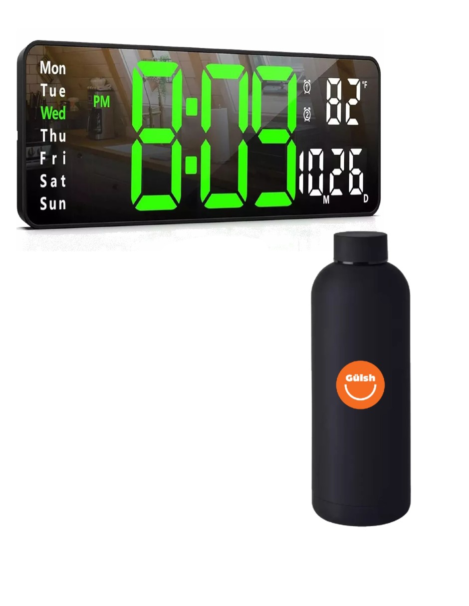 Foto 2 pulgar | Reloj De Pared Digital Con Termómetro, Alarmas Y Calendario + Termo De Agua De Regalo Güish