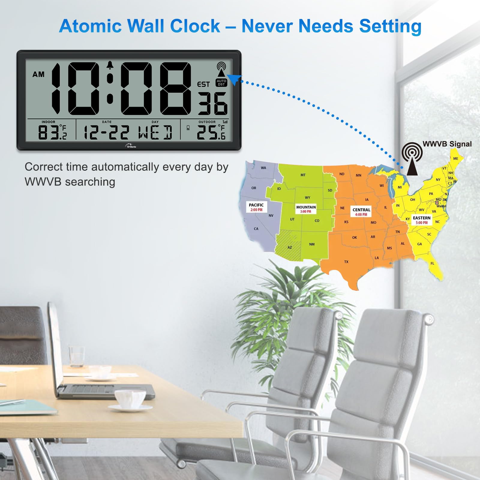 Foto 2 | Reloj Atómico Wallarge Con Temperatura Interior Y Exterior De 14.5 Pulgadas - Venta Internacional.