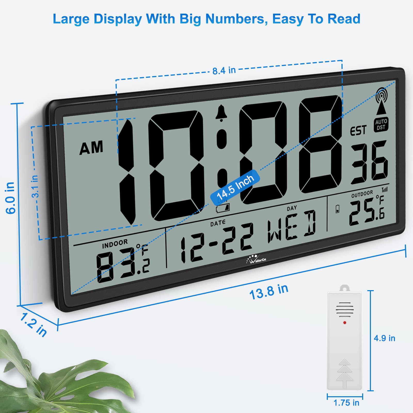 Foto 5 | Reloj Atómico Wallarge Con Temperatura Interior Y Exterior De 14.5 Pulgadas - Venta Internacional.