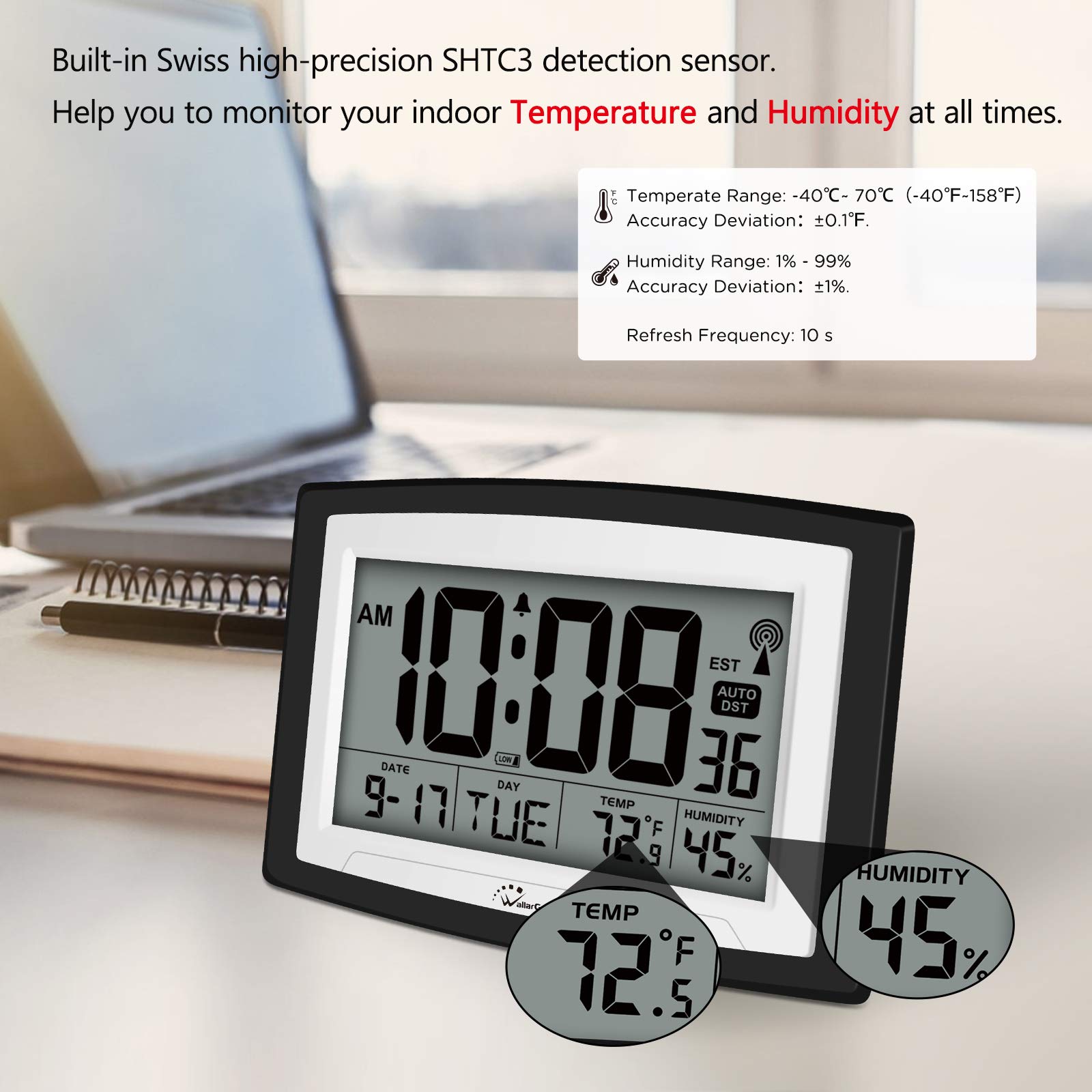 Foto 5 pulgar | Reloj Atómico Wallarge Con Pantalla De Temperatura Y Humedad - Venta Internacional.