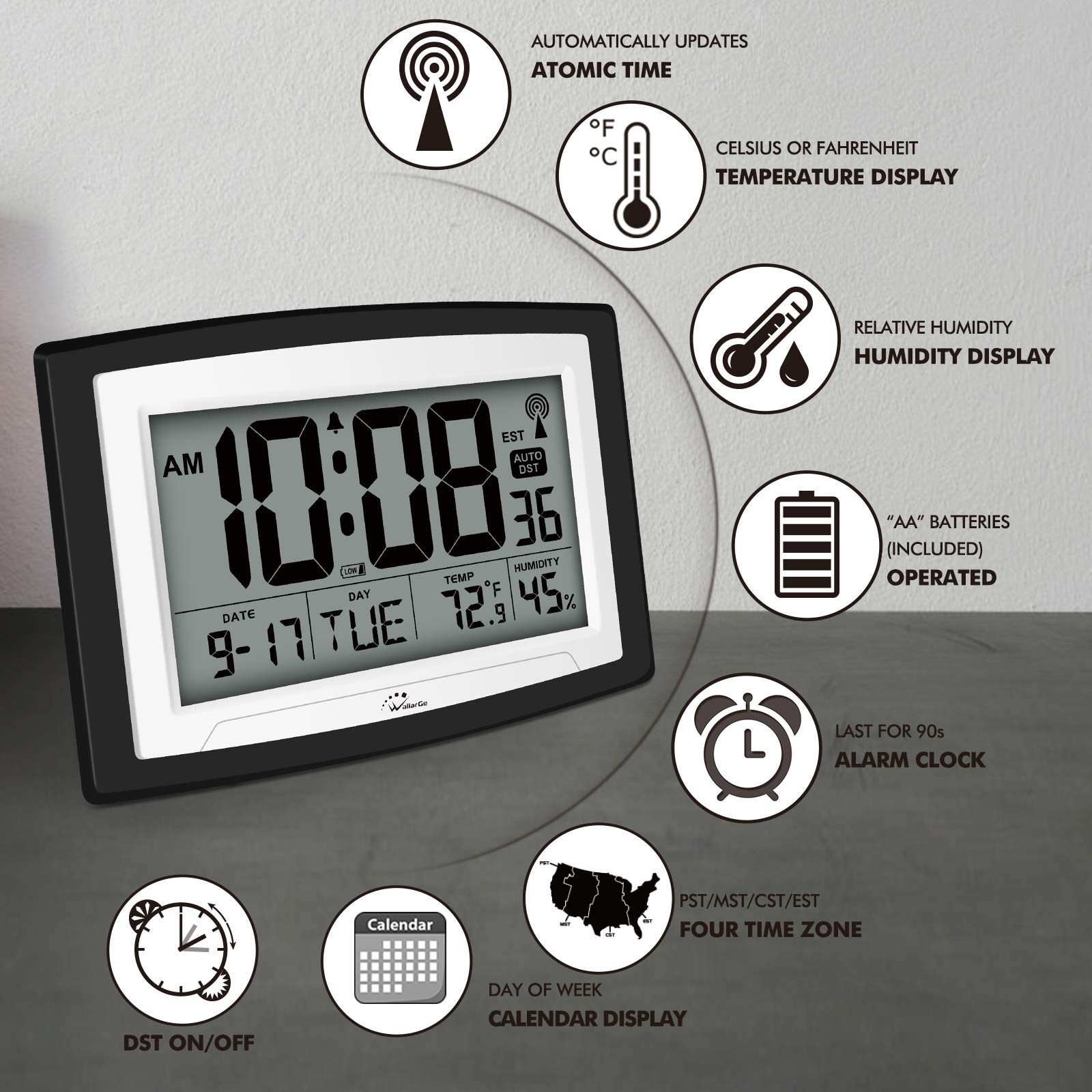 Foto 7 pulgar | Reloj Atómico Wallarge Con Pantalla De Temperatura Y Humedad - Venta Internacional.
