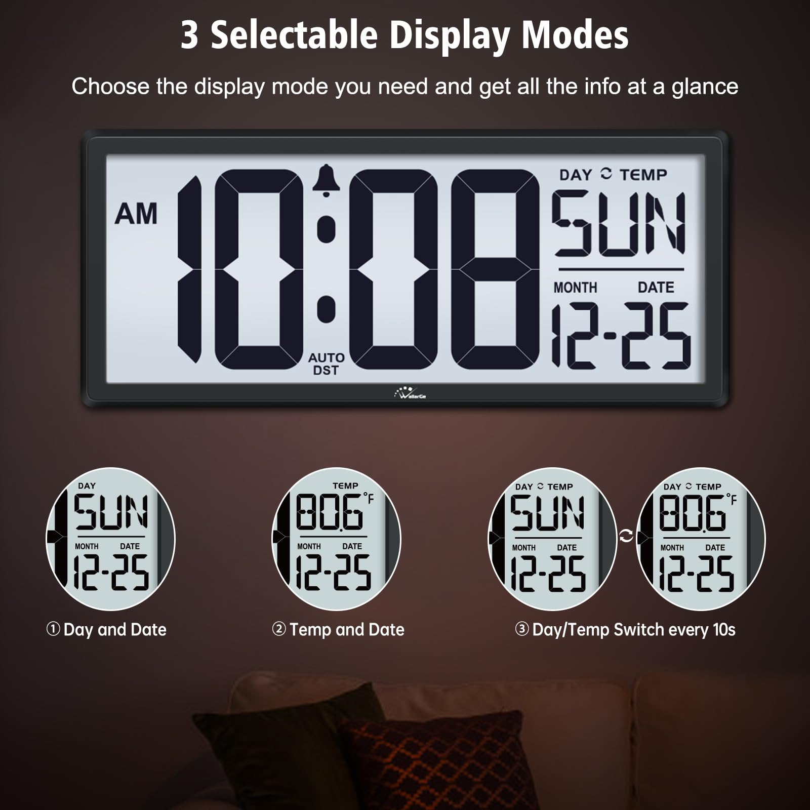 Foto 4 | Reloj De Pared Digital Walllarge Retroiluminado Con Temperatura De 14.5 Pulgadas - Venta Internacional.