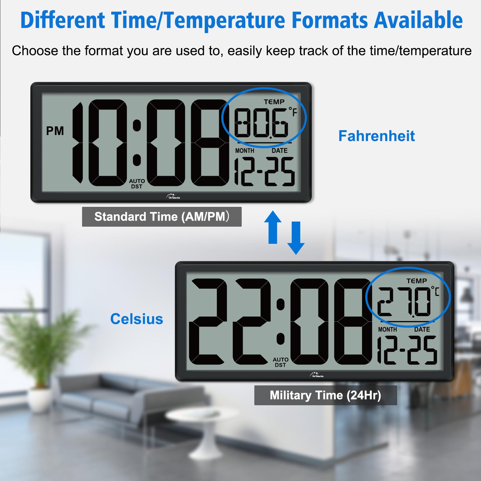 Foto 6 | Reloj De Pared Digital Walllarge Retroiluminado Con Temperatura De 14.5 Pulgadas - Venta Internacional.