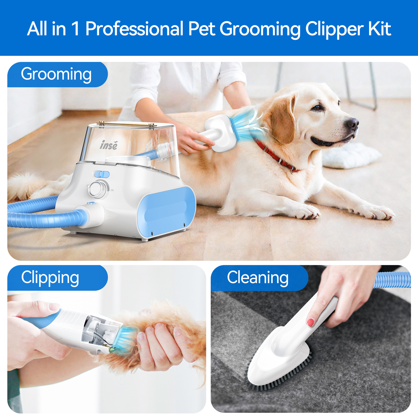 Foto 5 pulgar | Aspiradora De Peluquería Canina Inse, Vaso De 4,5 L, 7 Herramientas, 11 Kpa, Azul Y Blanco